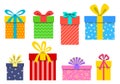 Gift box set. Present boxes icons for Christmas or Birthday with ribbon and bow. Vector illustration